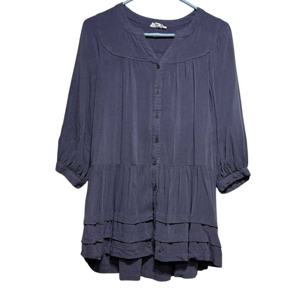 Entro Navy Blue Tiered Ruffle Button-Down Blouse Tunic | Size Small | Boho